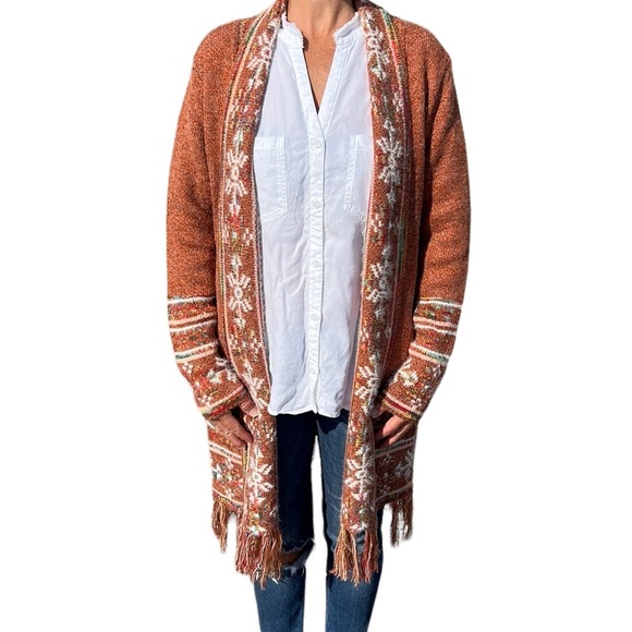Adora Rust Orange Open Front Boho Tribal‎ Aztec Fringe Cardigan Sweater Size S/M - Picture 4 of 8